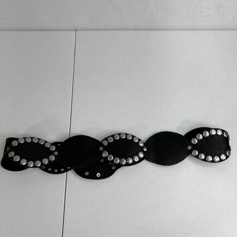 Leather Studded Belt Large 38 Bling Buckle Conch Style Black Silver Southwestern - Picture 9 of 16